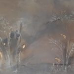 mixed media schilderij gouden landschap met bloemen