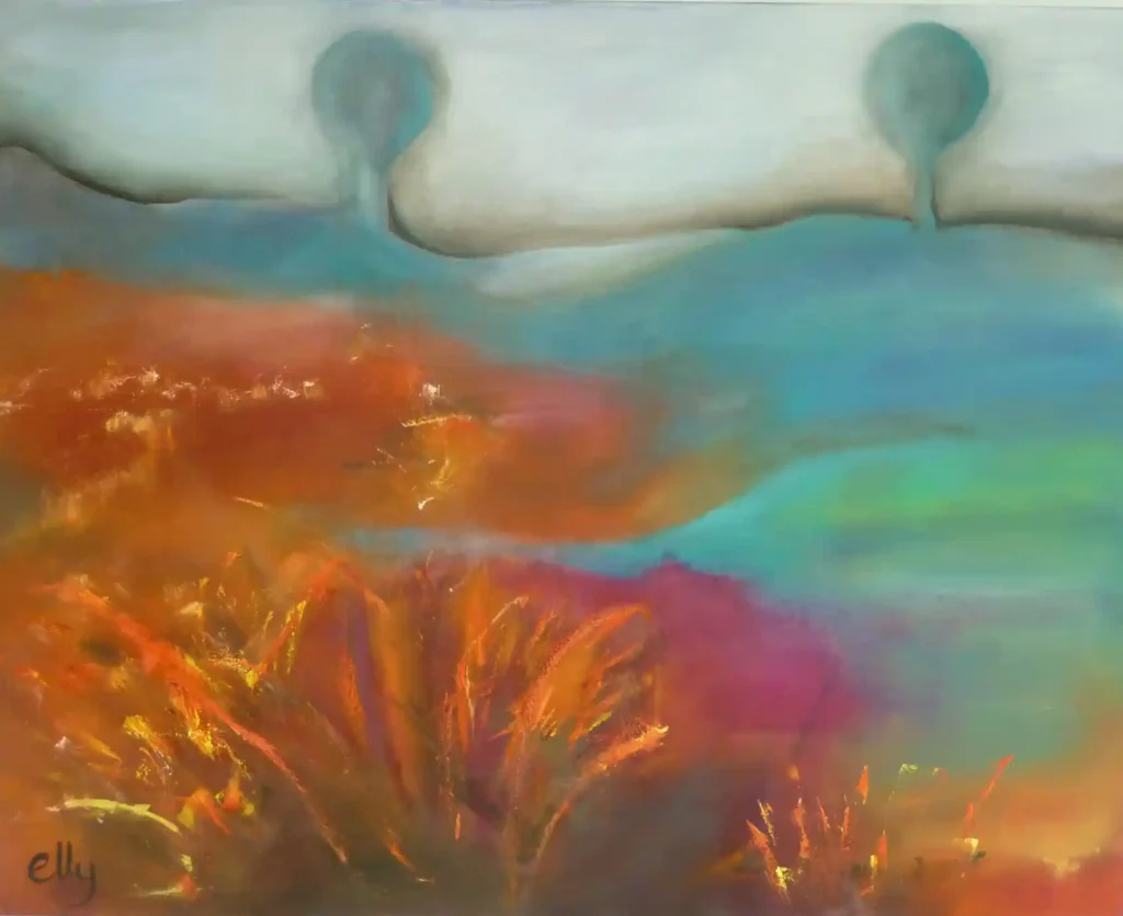 abstract schilderij bosje en bomen met horizon blauw en rood