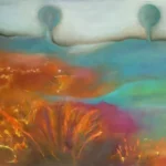 abstract schilderij bosje en bomen met horizon blauw en rood