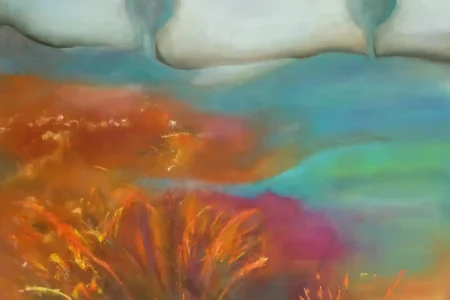 abstract schilderij bosje en bomen met horizon blauw en rood