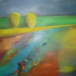 acryl schilderij met horizon en bomen abastract groen en geel